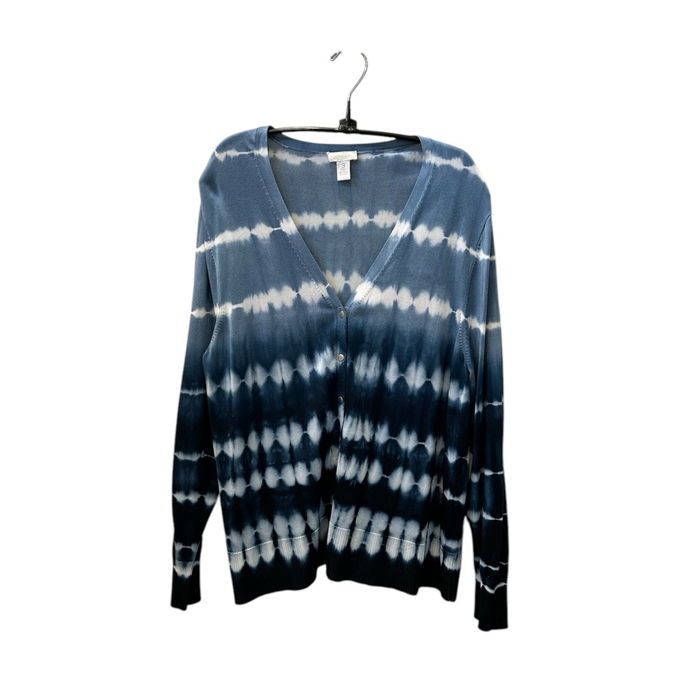 CHICO’S Tie Dye Cardigan Sweater in Blue and White